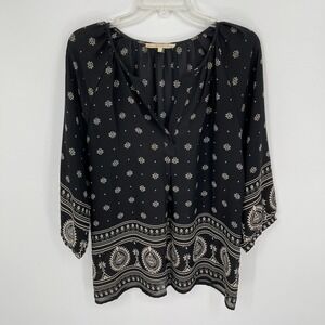 Violet + Claire Women's Black Paisley Medallion Boho Split Neck Blouse Size L